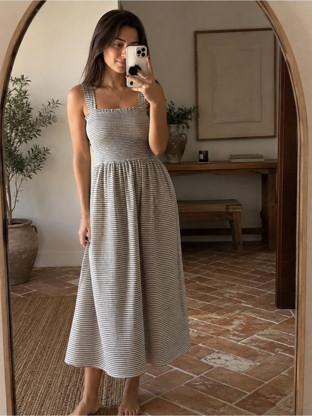 Madewell Gray & White Striped Smocked Midi Dress